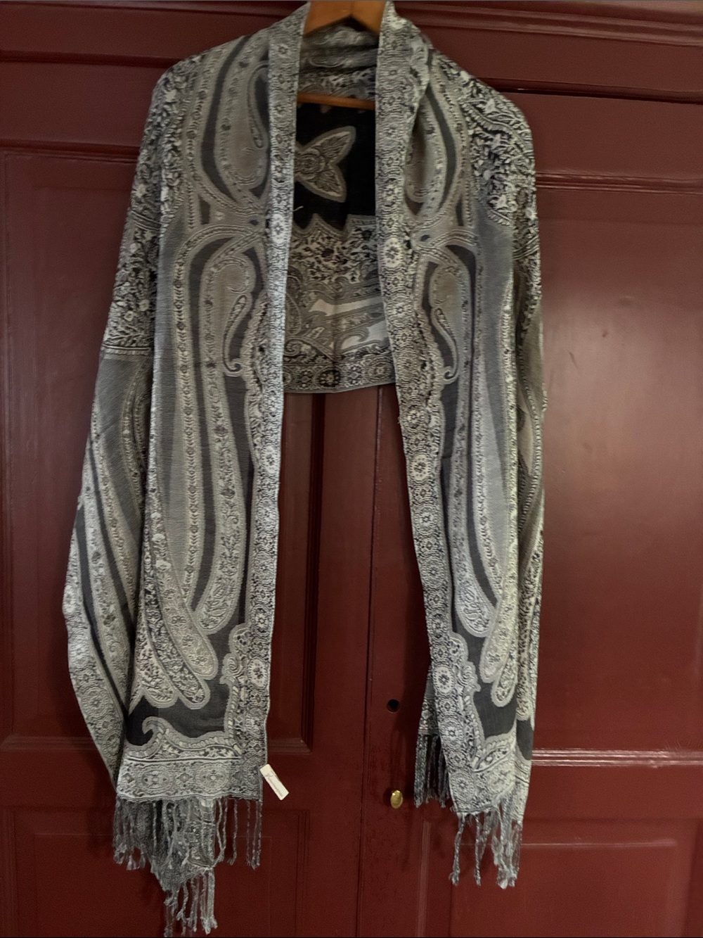 Paisley-Print Fringe Shawl Wrap - Gray
